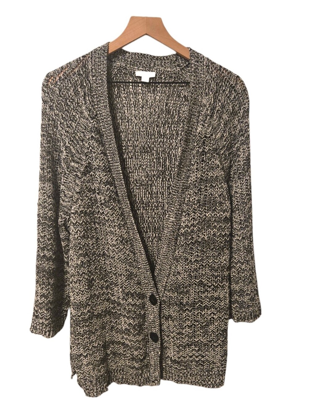 J. Jill Black White Marled Chunky Open Knit Button Cardigan Large